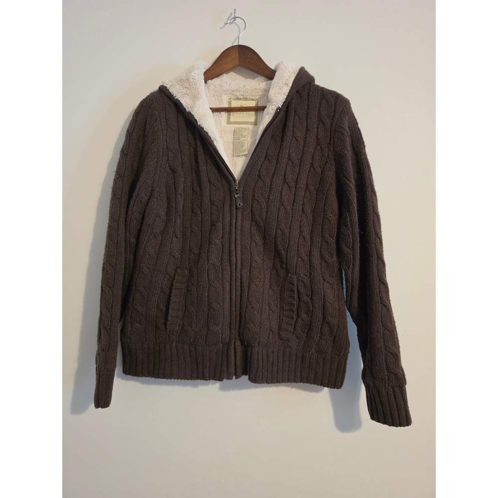 Green Tea Sweater Jacket Women XL Brown Wool Blend Cable Knit Sherpa Hooded Boho